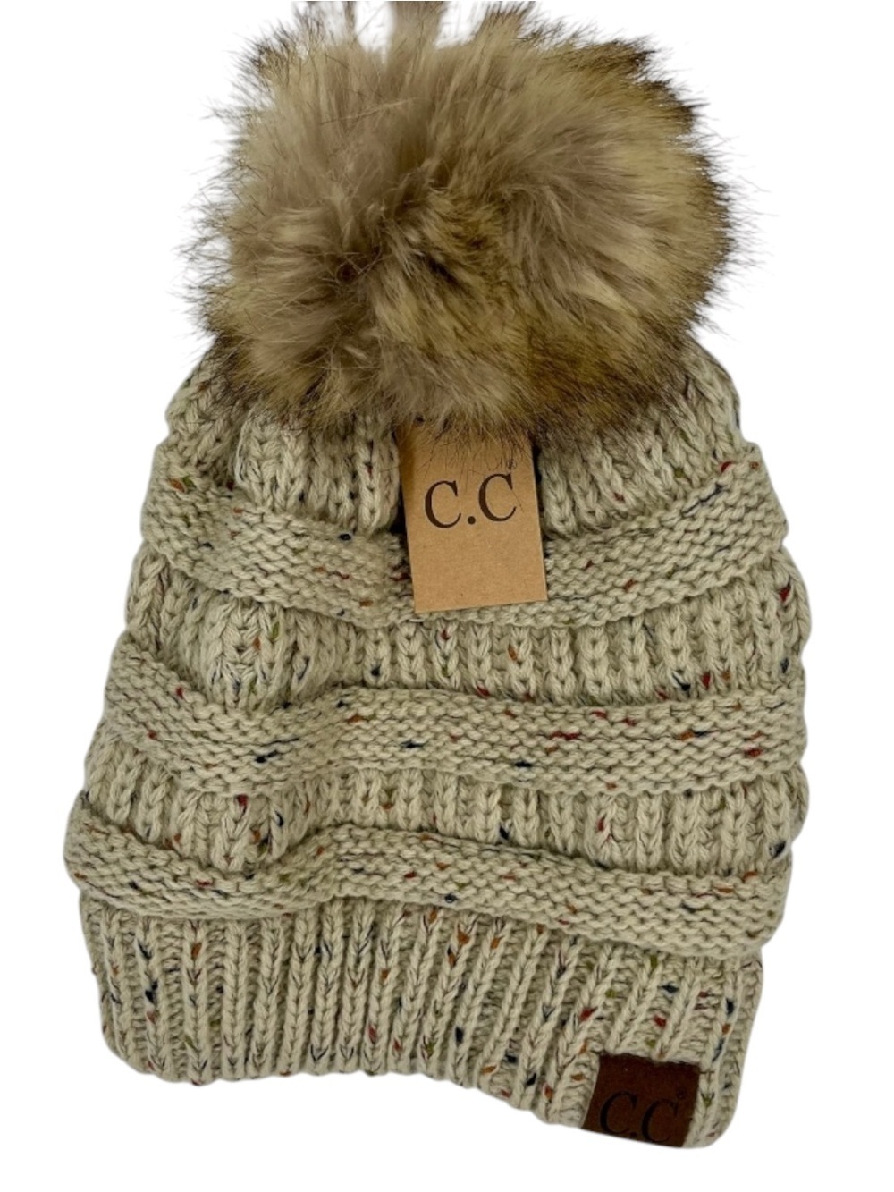 CC Sherpa Fleeced Lined Chunky Knit Stretch Pom Pom Beanie Hat Oatmeal OS NWT!